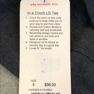 lululemon athletica Tops - NWT Lululemon In A Cinch LS Tee Sweatshirt, Size 8 lululemon athletica Tops - NWT Lululemon In A Cinch LS Tee Sweatshirt, Size 8